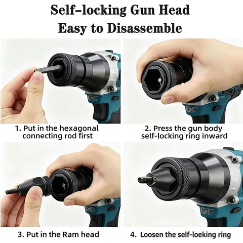 Badass Battery Powered Rivet Nut Gun Featuring Fully Automatic One Trigger Setup And No Sweat Mandrel Extraction For Rapid M3 To M12 Hardware Works showing self-locking gun head disassembly steps.