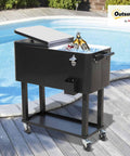 80 Quart Rolling Ice Chest Cooler On Wheels For Party, black stand up drink cart by a pool with locking wheels.