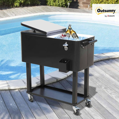 80 Quart Rolling Ice Chest Cooler On Wheels For Party, black stand up drink cart by a pool with locking wheels.