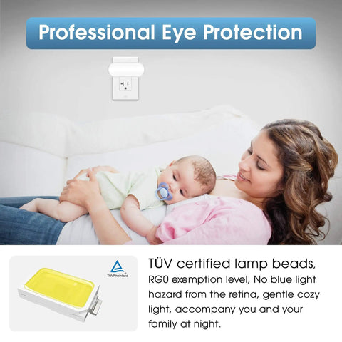 Night Light Plug In Wall 1W 5000K Daylight LED With Dusk To Dawn Sensor Dimmable 0 To 100LM Great For Bathroom Hallway Bedroom Kids Room Stairway Energy Efficient 4 Pack shown in living room with mother and baby, emphasizing eye protection