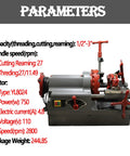 Professional Electric Pipe Threading Machine Featuring A Rock Solid 750 Watt Motor And 110 Volt Hookup For Fast Cutting Threading And Reaming Half To Three Inch Steel Pipe Without Any Sweat, showing capacity and motor specifications.