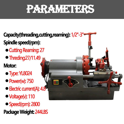 Professional Electric Pipe Threading Machine Featuring A Rock Solid 750 Watt Motor And 110 Volt Hookup For Fast Cutting Threading And Reaming Half To Three Inch Steel Pipe Without Any Sweat, showing capacity and motor specifications.