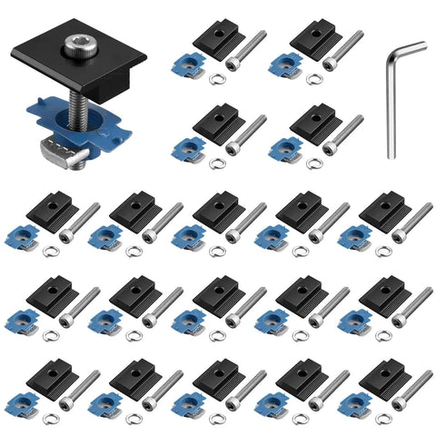 20 Piece Solar Panel Mid Clamps For Unistrut Aluminum 30Mm 35Mm Brackets Mounting Kit For Metal Roof Tin Roof Flat Roof RV Black No Sweat Install With Pre Drilled Holes showing components