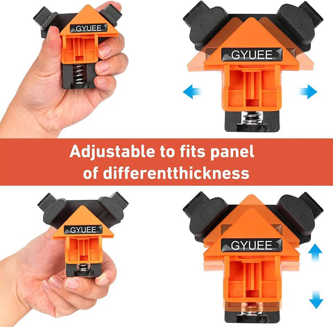 90 Degree Angle Clamps For Woodworking Corner Clip Right Angle Fixer 4 Pack in orange and black showing adjustable feature