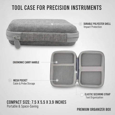Compact Tool Case For Precision Instruments 7.5 X 5.5 X 3.9 Inches Polyester Organizer showcasing exterior and interior compartments.