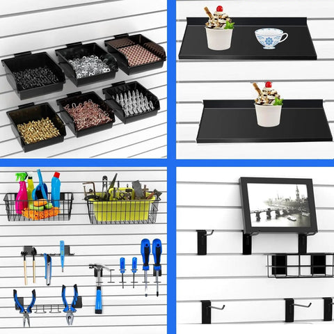 Slatwall Organizer Kit With Hooks Shelves Bins And Baskets Plus Screwdriver Holder For Garage And Room Storage 40 Piece Wall Mounted Setup For Easy Flexible Organization In Garage Or Workshop showing bins, baskets, hooks, and shelves