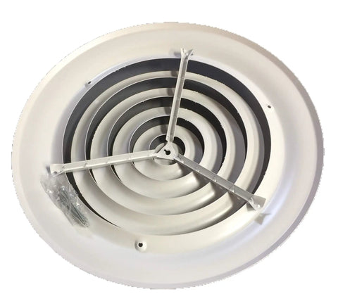 Round Ceiling Diffuser 14 In Outside Diameter White Powder Coat Fits 10 In Duct, front view showing circular air deflection design.