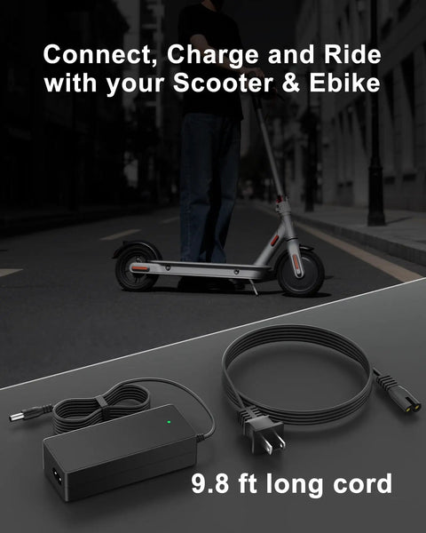 Five In One Universal Scooter Charger With 42V 2A Output, 9.8 Foot Cable, LED Indicator, DC 5.5x2.5mm Or 5.5x2.1mm Connectors, 8mm RCA, 8mm 3 Prong, 12mm 3 Prong And XLR, Works With Gotrax Segway Ninebot Hiboy Bird And More 36V Scooters
