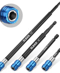 Beefed Up Heavy Duty Drill Bit Extension Set With Magnetic Bit Holder And Aluminum Sleeve Quick Release One Quarter Inch Hex Shank Includes Two Four Six And Twelve Inch Extensions Made From Durable CRV Steel