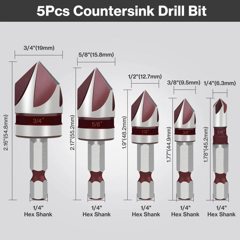 Pro Grade M35 Cobalt Countersink Drill Bit Set With 82 Degree Precision, 5 Flute Design, One Quarter Inch Hex Shank
