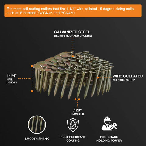 Hella Tough 15 Degree Wire Collated Galvanized Coil Roofing Nails For Asphalt Shingles Siding And Wall Sheathing In Heavy Duty Bulk Box With Seven Thousand Two Hundred Fasteners, showing 1-1/4 inch length and smooth shank.