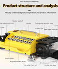 Portable Electric Drill Sharpener For Knives And Chisels With Adjustable Angle Grinding Head showing features and tools layout.