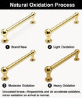 Image showing oxidation stages of 3-Inch Hole Center Unlacquered Brass Cabinet Pulls 5-Pack Solid Brass Drawer Handles For Kitchen And Home