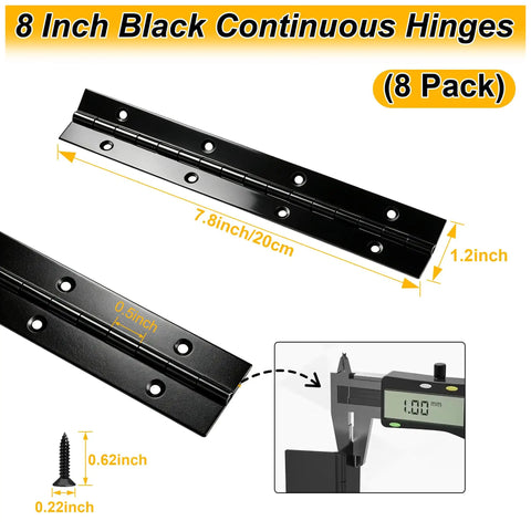 Heavy Duty 8 Inch Piano Hinge Continuous Hinges Rock Solid Hold Stainless Steel Black Finish For Wood Cabinets And Furniture Zero Sweat Setup Premium Hardware, showing dimensions and details of hinges.