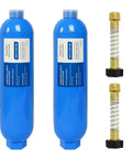 RV Inline Water Filter 2 Pack With Flexible Hose Guards showing blue filters and hose adapters for campers and trailers.