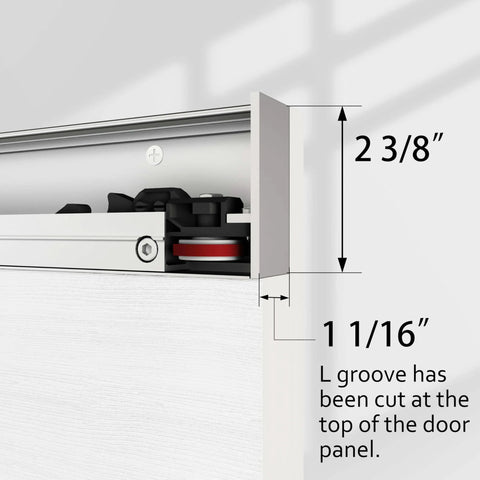 Close-up of 36X84 White Concealed Sliding Barn Door with Hidden Rail showing soft close hardware and groove cut at top of panel.