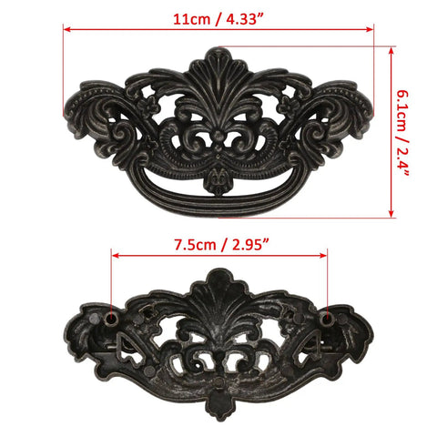 Front and back view of Durable Zinc Alloy Dark Antique Bronze 3 Inch C-C Vintage Drawer Pulls Set Of 4 For Cabinets And Dressers