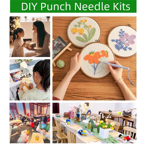 Beginner Punch Needle Kit With 20x20cm Hoop Cute Highland Cow And Daisy Design Complete Embroidery Starter Set displayed in use.