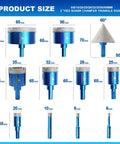 Diamond Core Drill Bit Set For Porcelain Tile Ceramic Marble Granite With Triangle Shank Hole Saw Kit, 11 Pieces Size Chart Image