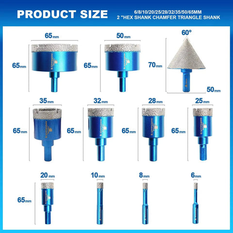 Diamond Core Drill Bit Set For Porcelain Tile Ceramic Marble Granite With Triangle Shank Hole Saw Kit, 11 Pieces Size Chart Image