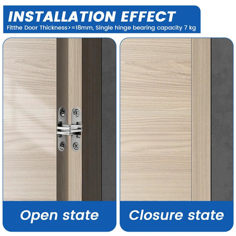 Installation of hidden cabinet hinges 1-3/4 inch 180 degree invisible cross swing on frameless cabinets in open and closed state