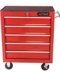 Front view of 29 inch sturdy steel rolling tool chest with drawers and ball bearing slides, brake wheels, red garage tool storage cabinet.