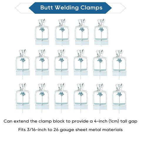 Pro Grade Heavy Duty Butt Welding Clamps Set Of Sixteen For Auto Body Panels And Edge To Edge Welding displayed in rows
