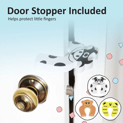 Top Shelf Baby Proofing Edge And Corner Guard Protectors Featuring Twenty Feet Of PreTaped Shock Absorbing Rubber Foam With Eight Thick Furniture Bumpers For No Sweat Toddler Safety And Quick Peel Off Cleanup with playful door stopper design.