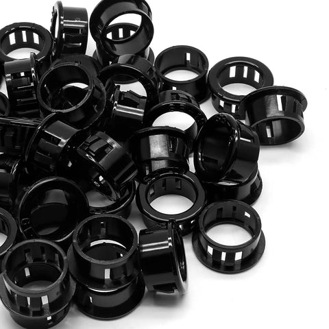 50 Count Black Nylon Snap In Cable Bushing Grommet Protectors for Nine Sixteenths Inch Cables with Three Quarters Inch Mounting Diameter Model SB Nineteen Durable Corrosion Resistant Easy Install