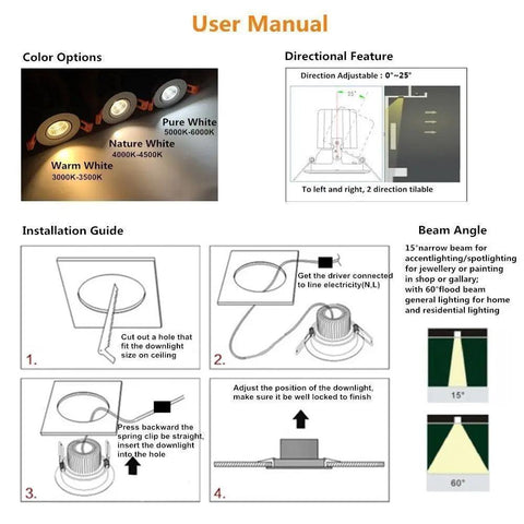 User manual for 2 Inch LED Dimmable Downlight Recessed Ceiling Light, 3W COB Spotlight, Warm White 3000K-3500K, CRI80, with installation guide and beam angle options.