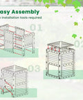Illustration showing easy assembly instructions for 80 Gallon Outdoor Compost Bin With Top Lid And Bottom Door Aerating Design