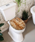 Round Grunge Rusty Effect Wood Toilet Seat on a white toilet, showcasing rustic design and durable resin material.