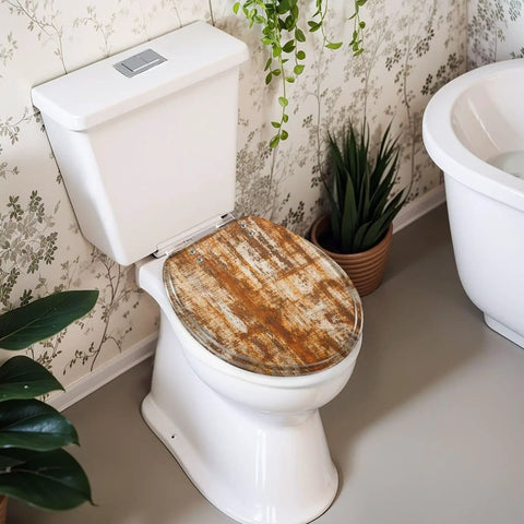 Round Grunge Rusty Effect Wood Toilet Seat on a white toilet, showcasing rustic design and durable resin material.