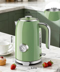 Retro green 57oz electric kettle for quick tea brew, stainless steel, with thermometer and LED indicator on marble counter.