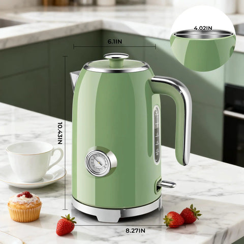 Retro green 57oz electric kettle for quick tea brew, stainless steel, with thermometer and LED indicator on marble counter.