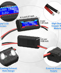 Image of the Two Pack High Precision Watt Meter Power Analyzer with backlit LCD and copper wires, showing cooling exhaust and measurements.