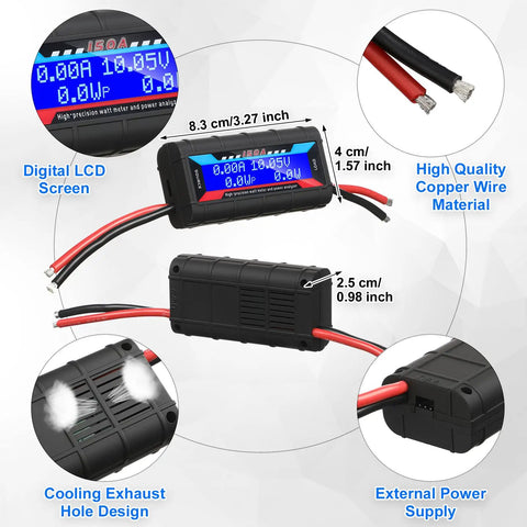 Image of the Two Pack High Precision Watt Meter Power Analyzer with backlit LCD and copper wires, showing cooling exhaust and measurements.