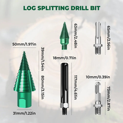 Image of 50 mm Log Splitting Drill Bit With Smooth Sail Anti Jam Core And Quick Swap Detachable Head detailing various sizes.
