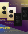 Various wall plate sizes in gold and black with duplex double toggle light switch for 15A 120V, residential use.