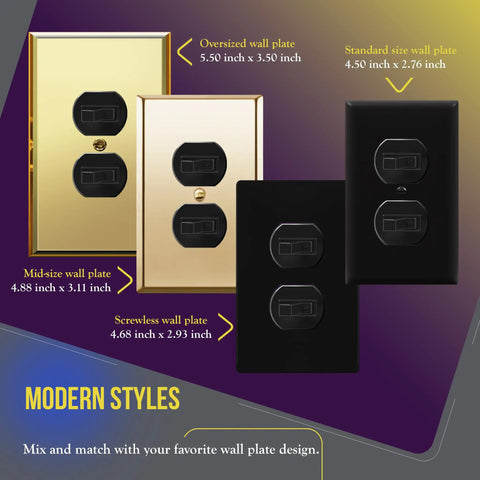 Various wall plate sizes in gold and black with duplex double toggle light switch for 15A 120V, residential use.