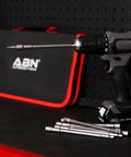 Cordless drill with Industrial Strength Magnetic Nut Driver Bit Set 5/16 Inch Hex Bits next to tool case on workbench