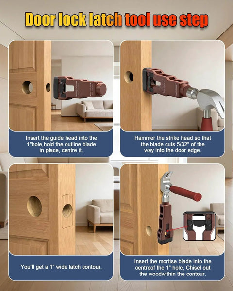 DIY Friendly Door Hinge Jig With Lock And Latch Installation Kit showing step-by-step guide for mortise installation on door.