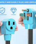 Heavy Duty 50 Amp Welder Adapter Cord 14-50P Male To 6-50R Female, 8 AWG STW Cable in hands, showing plug and socket detail