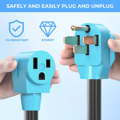 Heavy Duty 50 Amp Welder Adapter Cord 14-50P Male To 6-50R Female, 8 AWG STW Cable in hands, showing plug and socket detail