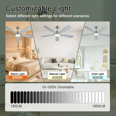 FUMLTP 52 inch Modern Ceiling Fans with Lights APP/Remote Control, Nickel with customizable light settings for different scenarios.