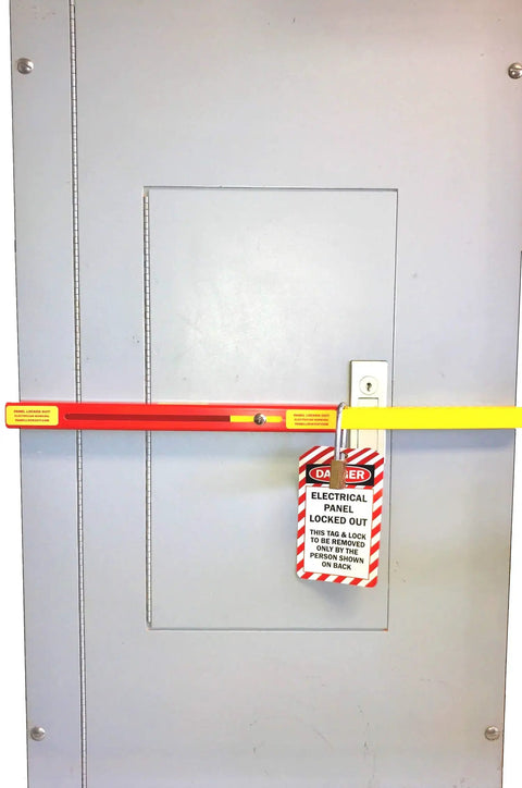 Panel Lockout Kit With Pouch Pro Grade OSHA Compliant Lockout Tagout For Electrical Panels Made In USA secured on panel door