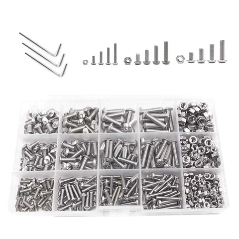 Solid 500pc Hex Socket Screw Nut Bolt Set In Black, 4mm Hardware Kit showing assorted stainless steel fasteners in a divided box.