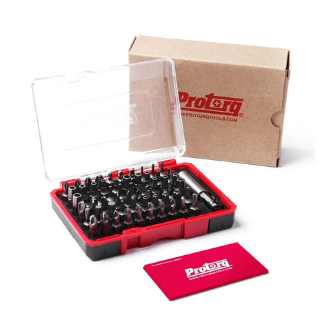 Heavy Duty 61 Piece Security Bit Set Pro Grade With S2 Steel Tamper Proof Bits in red and black ABS case with cardboard box.