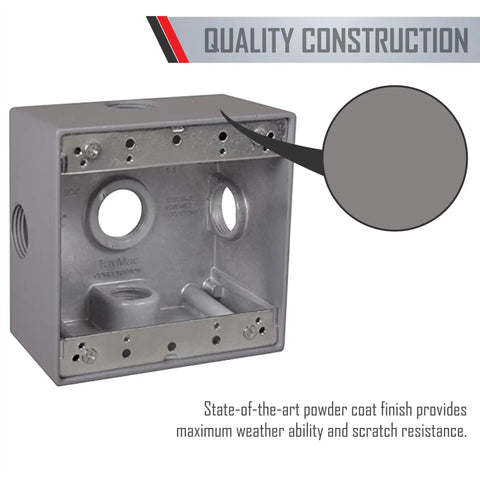 Weatherproof Outdoor 2 Gang Gray Junction Box 2 Inch Deep With Five 0.75 Inch Threaded Holes And Side Lugs for wiring