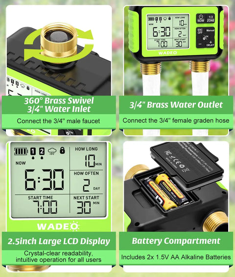 Brass Inlet And Outlet Sprinkler Timer For Garden Hose, 2 Zone Outdoor Water Timer With Rain Delay showing features
